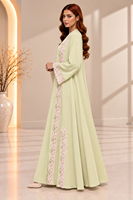 Élégante Abaya en dentelle vert pâle à manches longues, col en V, longueur ras du sol, robe modeste pour femme musulmane, garniture florale, ensemble de tenue islamique de luxe