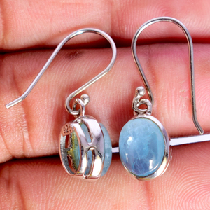 S925 Sterling Silver Aquamarine Lapis Lazuli Gemstone Drop <b>Earrings</b> Bezel Set Oval Minimalist Women's Everyday Wear Fine Jewelry - Product Image 5