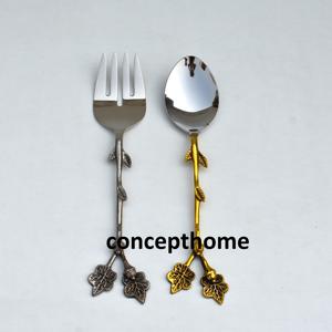 Ensemble de serveurs à salade de luxe en acier inoxydable, finition miroir, moderne, élégant, unique, avec manche en métal en forme de branche - Product Image 1