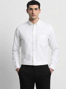 Chemise habillée blanche boutonnée pour homme, manches longues, couleur unie, en popeline de coton, formelle, respirante, pour le printemps - Product Image 2