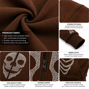 Men’s Brown Skeleton Rhinestone Hoodie with Full Zip Balaclava Mask, Crystal Skull Bone Pattern <b>Gothic</b> Hip Hop Streetwear <b>Jacket</b> - Product Image 5