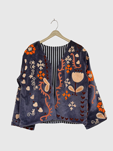 Chaqueta con Cuello Mao y Patrón Geométrico Bordado a Mano, Manga Larga, Estilo Blusón de Terciopelo para Adultos, Ropa de Otoño - Product Image 1
