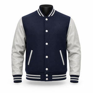 Chaqueta Varsity Azul para Hombre con Mangas de Cuero Blanco, Estilo Preppy, Corte Regular, Cuello Camisero, Cierre de Botones, Ropa de Otoño - Product Image 1