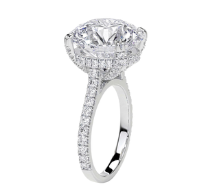 Anillo de compromiso de diamante redondo brillante de 3 quilates de alto perfil con engaste de catedral, diamantes bajo la galería y talle pavé en oro blanco - Product Image 3