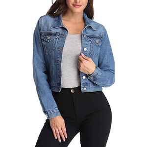 Veste en jean pour femmes, veste en jean bleue à manches longues avec 2 poches avant, vestes en jean en gros avec logo personnalisé - Product Image 4