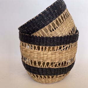 Customized Set of 2 Breathable Woven Seagrass <b>Round</b> Laundry <b>Baskets</b> in Black and Yellow Home Multi-Purpose - Product Image 4