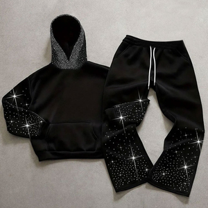 Survêtement noir à capuche 2-en-1 respirant pour femme, manches longues, imprimé à pois avec strass, cordon de serrage, sweat-shirt décontracté avec poches latérales, hiver - Product Image 4