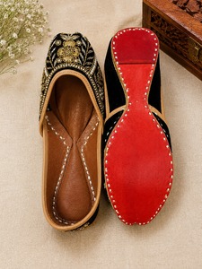Black Gold Embroidered Comfort Punjabi Juttis Women Flat Shoes Beaded Floral Round Toe Slip on Festival Wear - Product Image 2