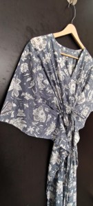 Handcrafted Cotton <b>Kaftan</b> Dress with Jaipuri Floral Block Print Elegant Grey and White <b>Summer</b> Loungewear V-Neck Maxi Dress - Product Image 1