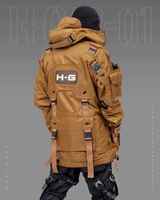 Veste tactique en toile pour homme, style techwear, streetwear urbain, coupe-vent cargo multi-poches, fonctionnelle, à capuche, style cyberpunk, avec lettrage