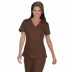 Haut de blouse médicale marron à col en V pour femme avec poches, uniforme d'hôpital en tissu tissé coton-polyester - Product Image 5
