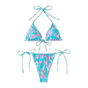 Traje de Baño Bikini Sublimado a Cuadros de Spandex/Nylon Flexible, 2 Piezas, Secado Rápido, Transpirable, Ajuste Cómodo, Tanga en V para Mujer, Ropa de Playa - Product Image 1