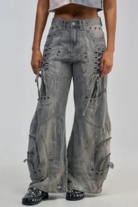 Pantalon cargo en jean déchiré taille haute pour femme, coupe ample, asymétrique, à lacets, style streetwear, longueur intégrale, gris, coton écologique - Product Image 3