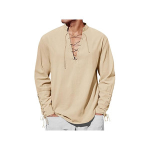 Chemise décontractée pour homme en lin et coton beige, col mandarin, manches longues, respirante, couleur unie, haut d'été - Product Image 1
