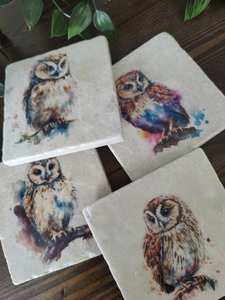 แผ่นรองแก้วหินอ่อนลายนกฮูกสไตล์เรียบง่าย ของขวัญลายนกฮูกในป่า สำหรับเครื่องดื่มร้อนและเย็น - Product Image 2