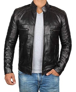 Veste de moto pour homme en cuir de vache véritable noir, effet vieilli, avec tissu en duvet, pour la saison hivernale. - Product Image 1