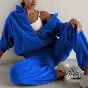 Custom Winter Velour Streetwear Tracksuit Two Piece Zip Cropped Hoodie Wide Leg Pants Set Women Lightweight Wholesale Tall Girl - Product Image 1