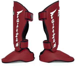 Fairtex Red PU Leather Shin Guards Carbon Steel <b>Frame</b> Hook Loop Closure Lightweight Professional Protection Adult Boxing Full - Product Image 2