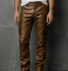 Pantalon en cuir d'agneau brun vieilli pour homme, finition cirée faite à la main - Product Image 1