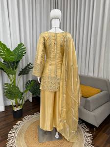Vintage <b>Silk</b> Kurta Palazzo Set With Dupatta Sequin Embroidered Indian Pakistani Women Wedding Party Outfit - Product Image 2