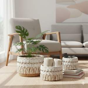 Juego de 3 cestas de macramé TDH, artesanía de macramé con corteza de banano - Product Image 5