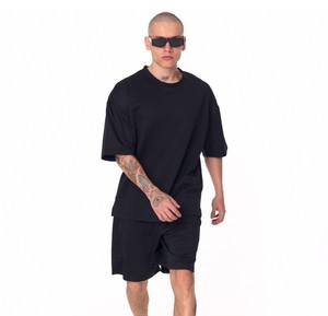 Men's Summer Oversized 100% Cotton Satin Shorts <b>Set</b> Black - Product Image 4