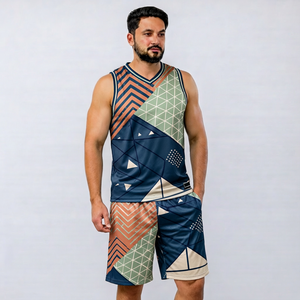 Men's Geometric Print Tank Top And Shorts <b>Set</b> V-Neck Quick Dry <b>Knitted</b> Polyester Sporty Summer Outfit - Product Image 5