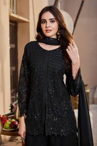 Ensemble ethnique 3 pièces élégant pour femme en faux georgette lourd avec broderie de sequins et manches ajourées, ensemble assorti - Product Image 3