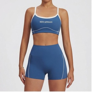 North Approach 2 Piece Yoga Set Blue Solid Spaghetti Strap Crop Top High Waist Shorts Breathable Seamless Sportswear - Product Image 1