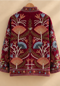 Veste en velours Heritage bordeaux, broderie botanique, col large, motifs de vigne d'olivier, faite à la main, style Jaipuri, réversible, séchage rapide - Product Image 6