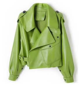 Chaqueta Blusón de Cuero Sintético Verde para Mujer, Manga Corta, Hombros Caídos, Cuello Camisero, Estilo Otoñal con Epaulettes y Cierre de Cinturón - Product Image 4