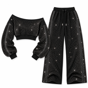 <b>Top</b> Quality All Over <b>Rhinestone</b> Black Off Shoulder <b>Crop</b> sweatshirt Custom Fleece Wide Leg Sweatpants Glam Tracksuit Set Low MOQ - Product Image 4