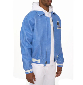 Veste bomber en daim bleu pour homme Huzu Enterprises, col rond, fermeture éclair sur le devant, style preppy, coupe classique, imperméable et coupe-vent - Product Image 6