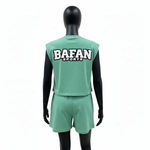 ชุดเสื้อยืดแขนกุดและกางเกงขาสั้นผ้าฝ้าย 100% สำหรับผู้หญิง เนื้อผ้าคอตตอนริชเจอร์ซีย์ พิมพ์ลายโลโก้ตามสั่ง ชุดเสื้อยืดแขนกุดและกางเกงขาสั้นสำหรับผู้หญิง - Product Image 2