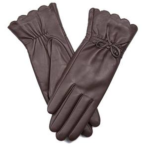 Brown leather fashion women gloves with bow - Product Image 3