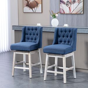 Sgabelli da Bar Contemporanei/Moderni (Set di 2) - Struttura in Metallo, Altezza Bancone, Rivestimento in Lino Blu con Design Trapuntato a Bottoni - Product Image 2