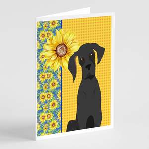 Whimsical Summer Sunflowers y Great Dane Tarjetas de felicitación Pack 8 Tarjetas de nota A7 en blanco con sobres Tamaño 5x7 - Product Image 1