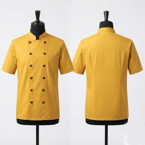 Chaqueta de Chef Unisex, 220 GSM, Algodón Sarga Tejido, Calidad Premium, Amarilla, Doble Botonadura, Cuello Mao, Bolsillo, Manga Corta, Seda - Product Image 1