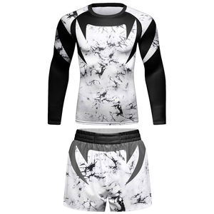 Ensemble Rash Guard pour Homme Imprimé Marbre Noir et Blanc, Manches Longues, Collants de Compression, Short, Séchage Rapide, Spandex Polyester UPF50+ - Product Image 2