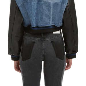 Veste courte de style streetwear en denim pour femmes, veste courte de style varsity avec manches en cuir pour femmes, service OEM - Product Image 4