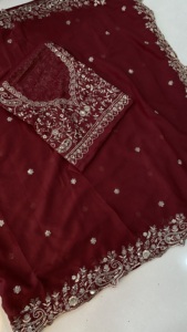 Sari de Seda Color Granate con Bordado Dorado para Boda, Traje Tradicional Indio para Mujer, Largo hasta el Suelo, Corte Regular, Protección Solar, para Todas las Estaciones - Product Image 5