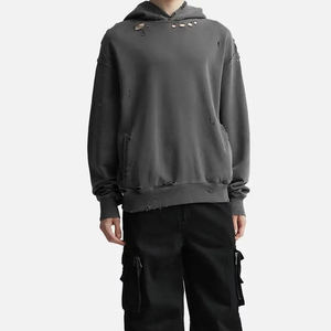 Sweat à capuche unisexe gris foncé délavé, coupe oversize épaisse en molleton polyester/rayonne, style streetwear vintage, pour homme, ODM - Product Image 1