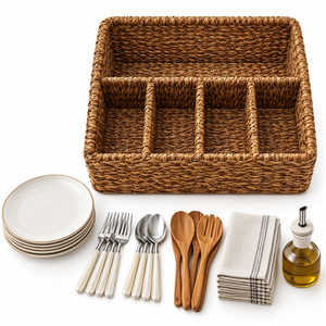 Panier de rangement rectangulaire en jonc de mer tressé à la main personnalisable avec 4 compartiments, organisateur de bureau minimaliste et durable à un seul niveau - Product Image 3