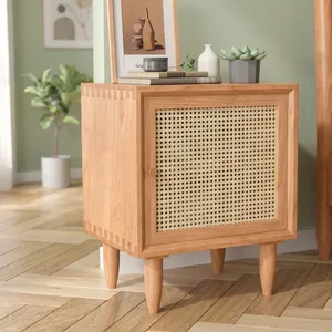 Solid Wood Rattan Caning One Door Two Compartment <b>Bedside</b> <b>Table</b> Natural Cane Cabinet Wooden Stand Bedroom Living Room Furniture - Product Image 5