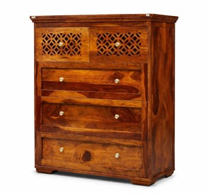 Commode à 5 tiroirs en bois massif |   Commode à façade en treillis sculptée à la main |   Meubles de chambre à coucher et autres meubles de maison en gros - Product Image 5