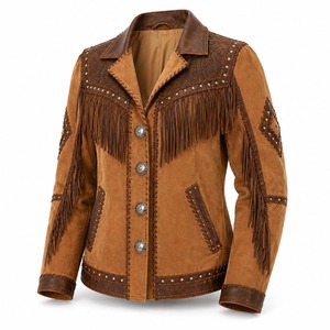 <b>Womens</b> Tan Brown Suede Fringe Jacket Western Cowgirl Style Leather <b>Coat</b> - Product Image 1