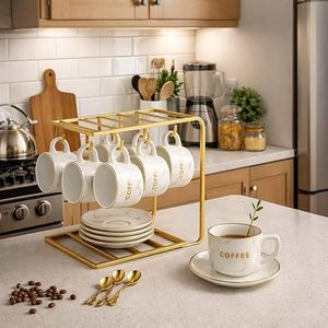 Modern Metal Coffee Mug <b>Rack</b> With 360 Rotating Base For Kitchen Storage Holders Double Tier Design Gold Finish - Product Image 6