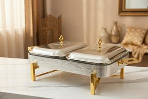Luxury Arabic Double <b>Pan</b> Rectangular Chafing Dish Twin Compartment Diamond Motif Handle Ramadan Buffet Server Single Unit - Product Image 6
