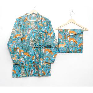 Pijamas Elegantes y Sencillos 100% Algodón Puro Estampado a Mano con Cintura Elástica Transpirable Conjunto de Pijama para Mujer Ropa de Dormir de Manga Larga - Product Image 2