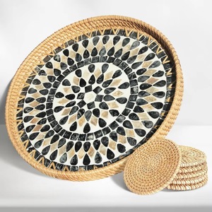 <b>Round</b> Rattan Decorative <b>Tray</b> with Green Mosaic Design Bohemian Style Serving Platter for <b>Table</b> Décor - Product Image 3